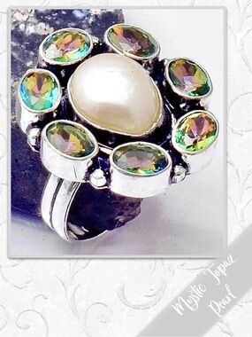 Pearl, Mystic Topaz Silver Artisan Floral Cluster Ring 9.5 (Cream, Purple/Green)